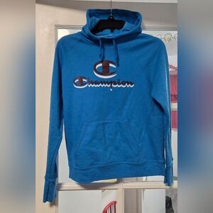 Champion Pullover Hoodie Womens XS Blue Cursive Script Sleeve Sweatshirt Casual